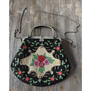 Vintage Hand Beaded Purse Black Colorful Roses Bag 1950 1960 flapper party